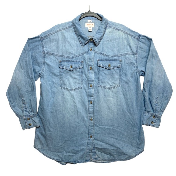 sofia by sofia vergara Tops - Sofia by Sofia Vergara Shirt Womens L Blue Denim Button Down Light Wash Cotton